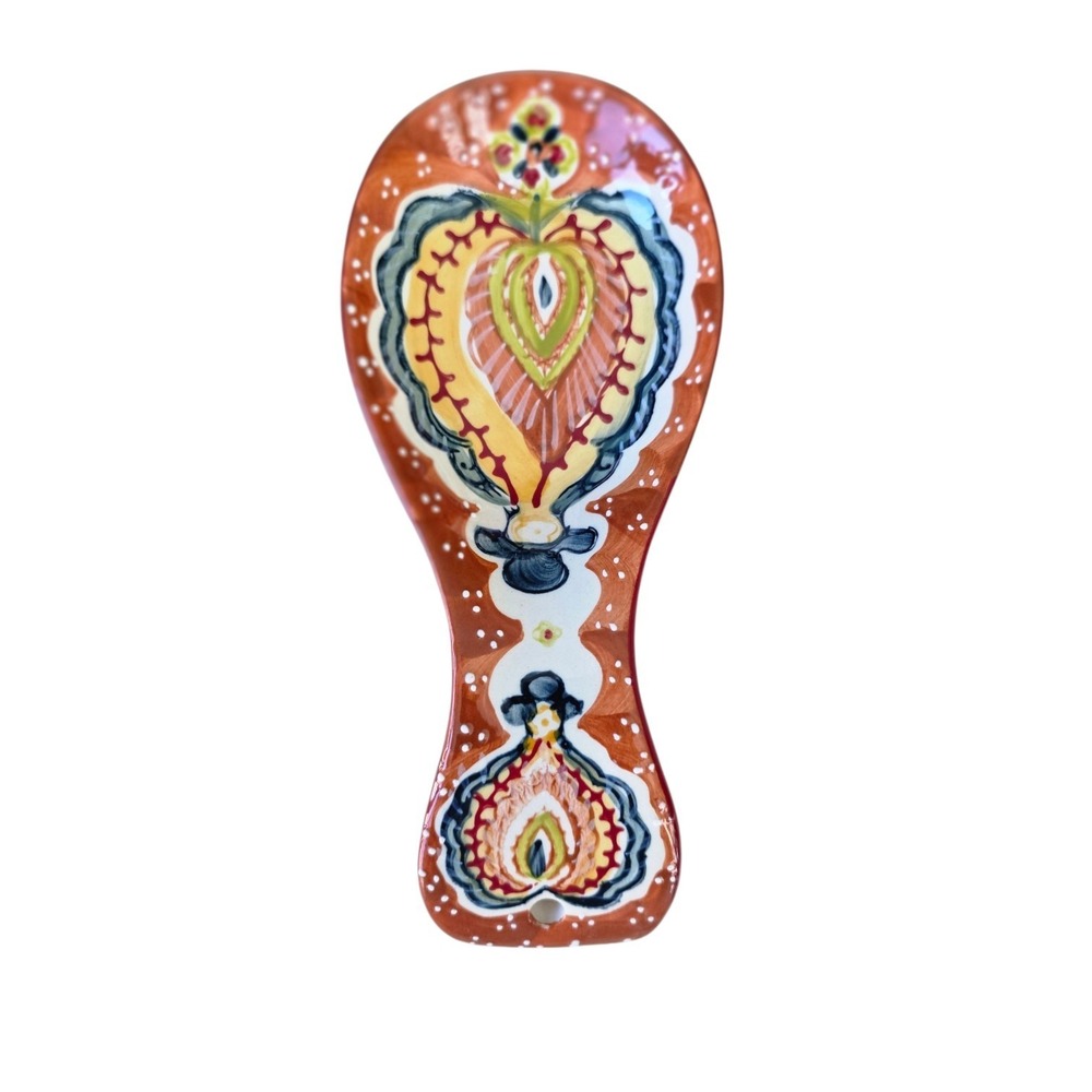 Anthropologie Spoon Rest Hand Painted Paisley Abstract Hearts Terracotta Color